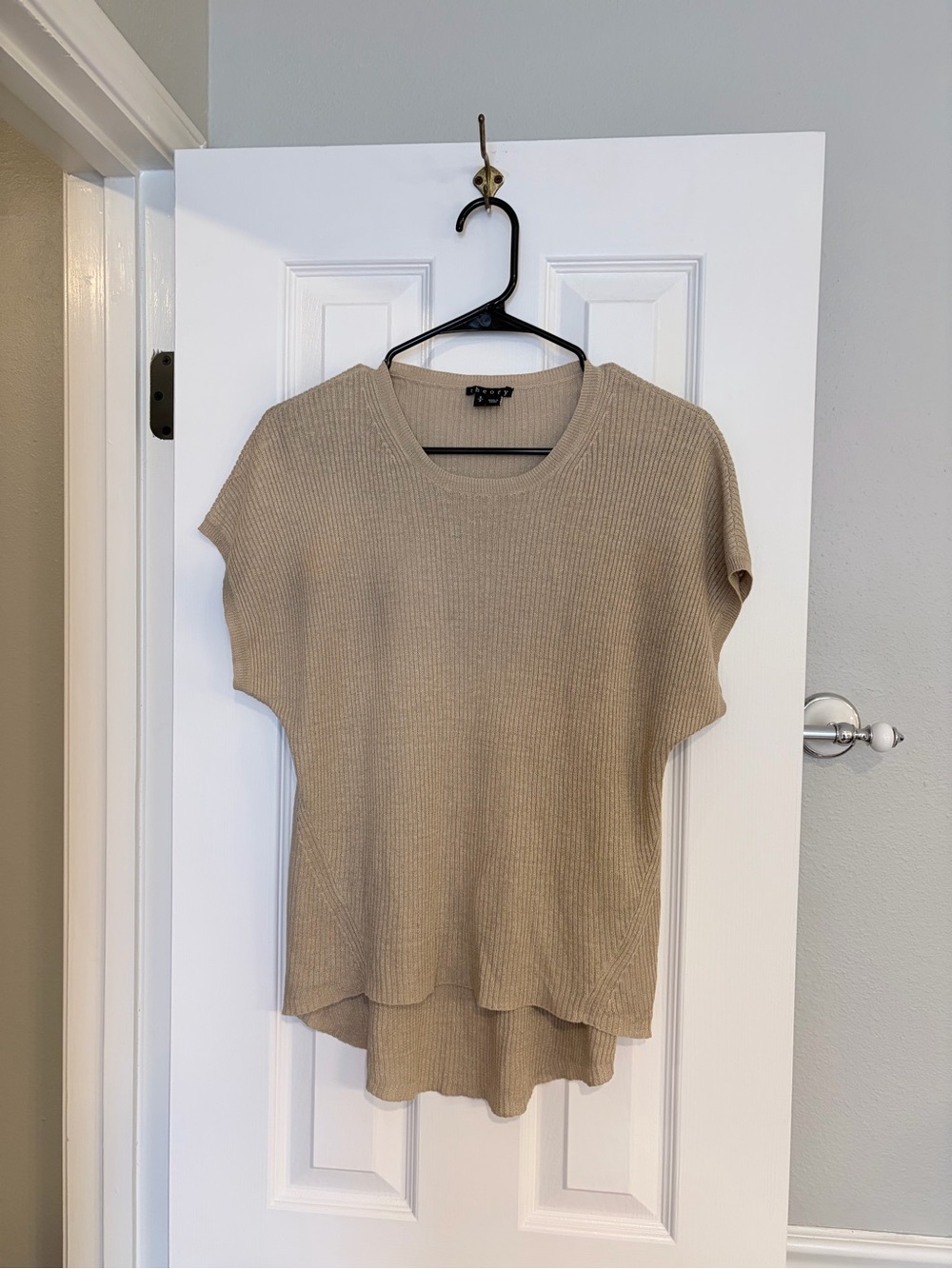 Theory Beige Rib Knit Short Sleeve Top Small